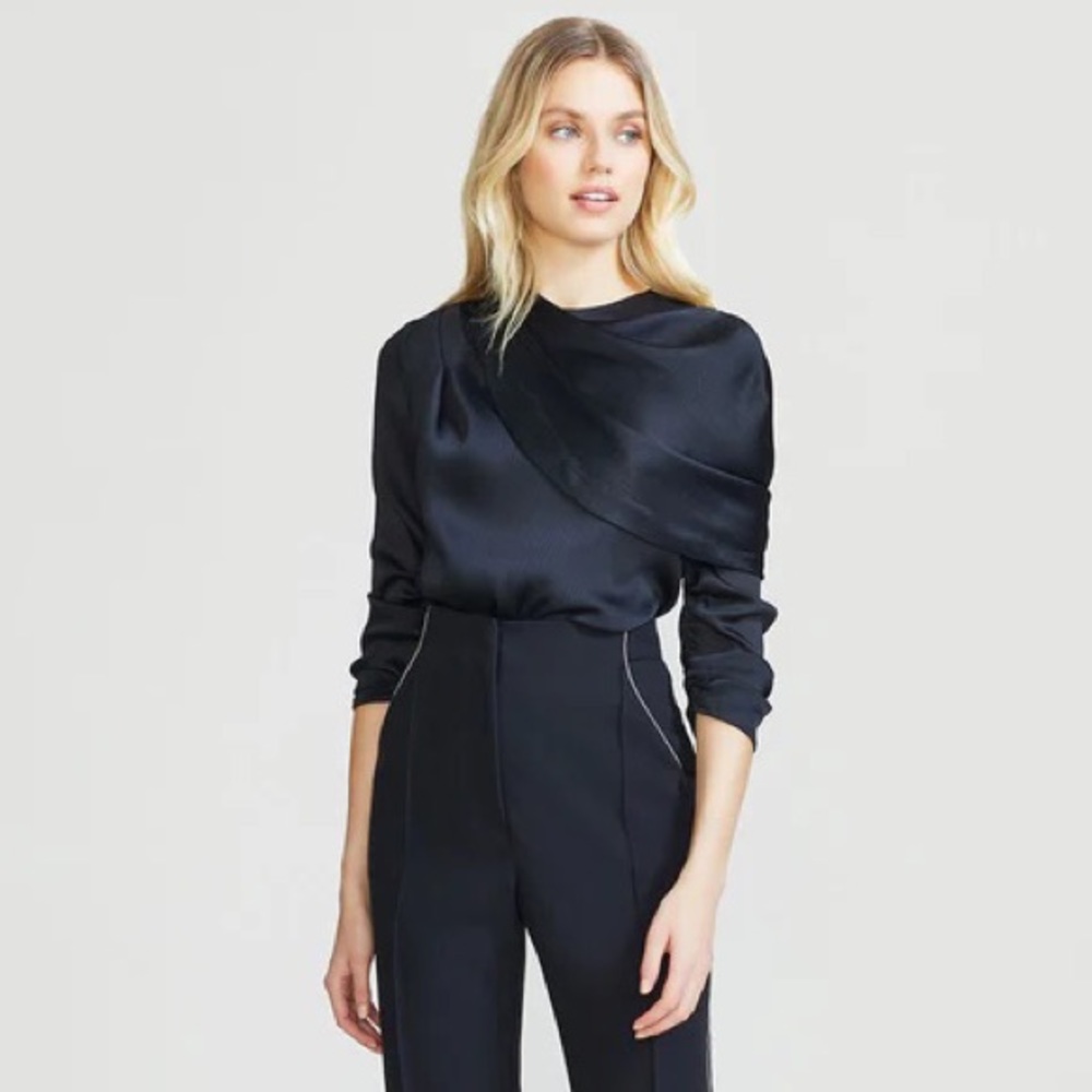 Lela Rose Plisse Chiffon Draped Long Sleeve Blouse
